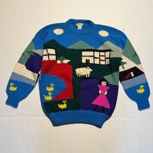 SAMESA Vintage 100% Wool Hand Loomed in‎ Peru Novelty Colorful Graphic Sweater M